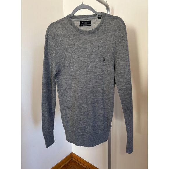 All Saints Mode Merino Wool Knit Sweater Mens Small Crew Neck Gray Soft - Picture 1 of 4